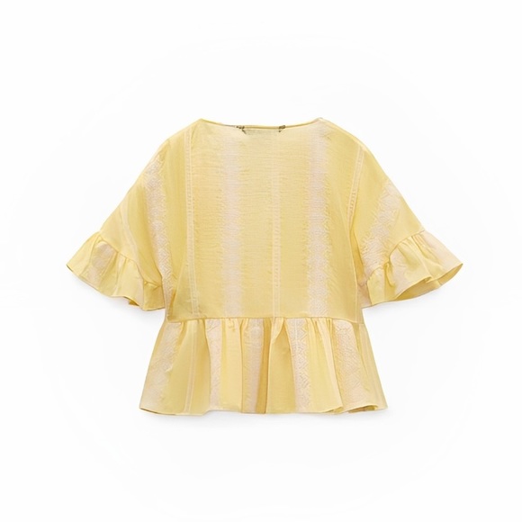 Zara Ruffled Sleeve Embroidered Peasant Wrap Top Yellow Size Medium - Picture 12 of 13